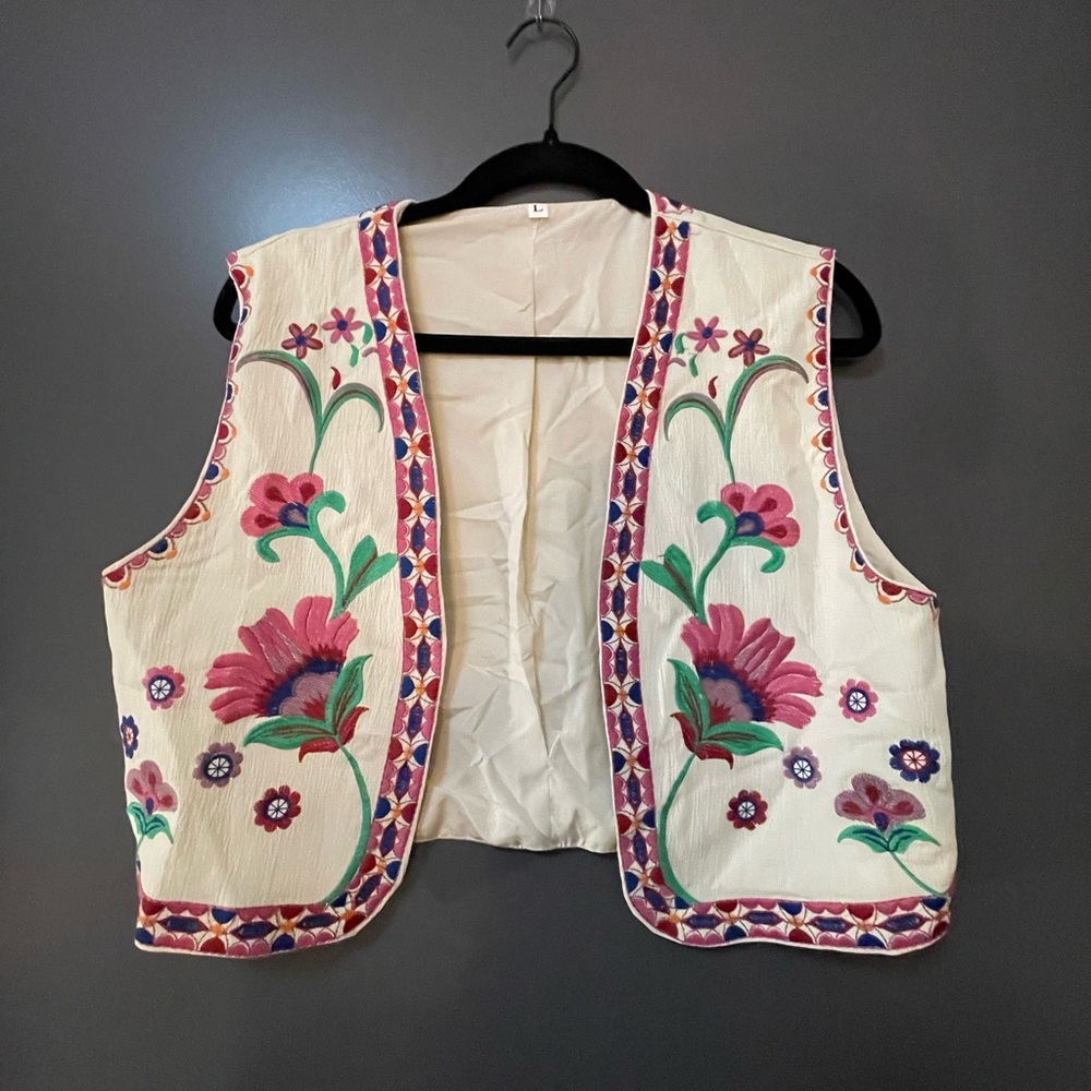 Amazon Floral Embroidered Vest - Cream, Pink, Green